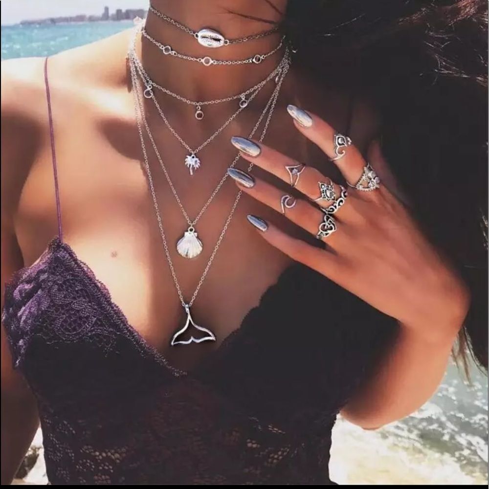 6 Layer Boho Gypsy Beach Silver Mermaid Necklace - Picture 2 of 6